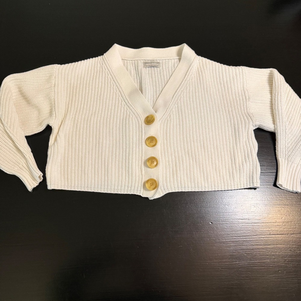 Urban Outfitters Womens Small Cream Ribbed Knit Cropped Button Front Cardigan